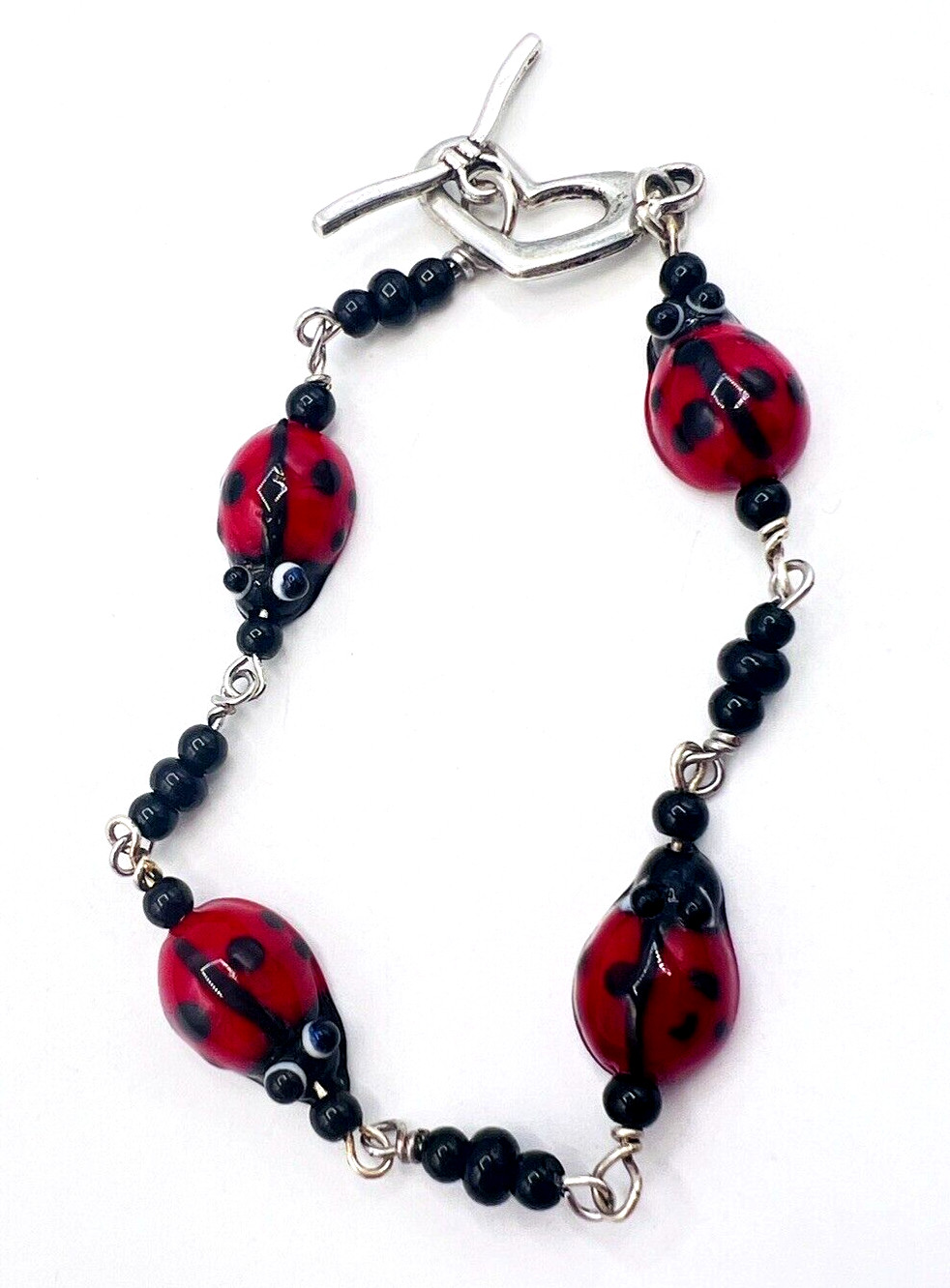 Glass Bead Red Black Ladybug Bracelet Heart Toggle Clasp 8.25 in