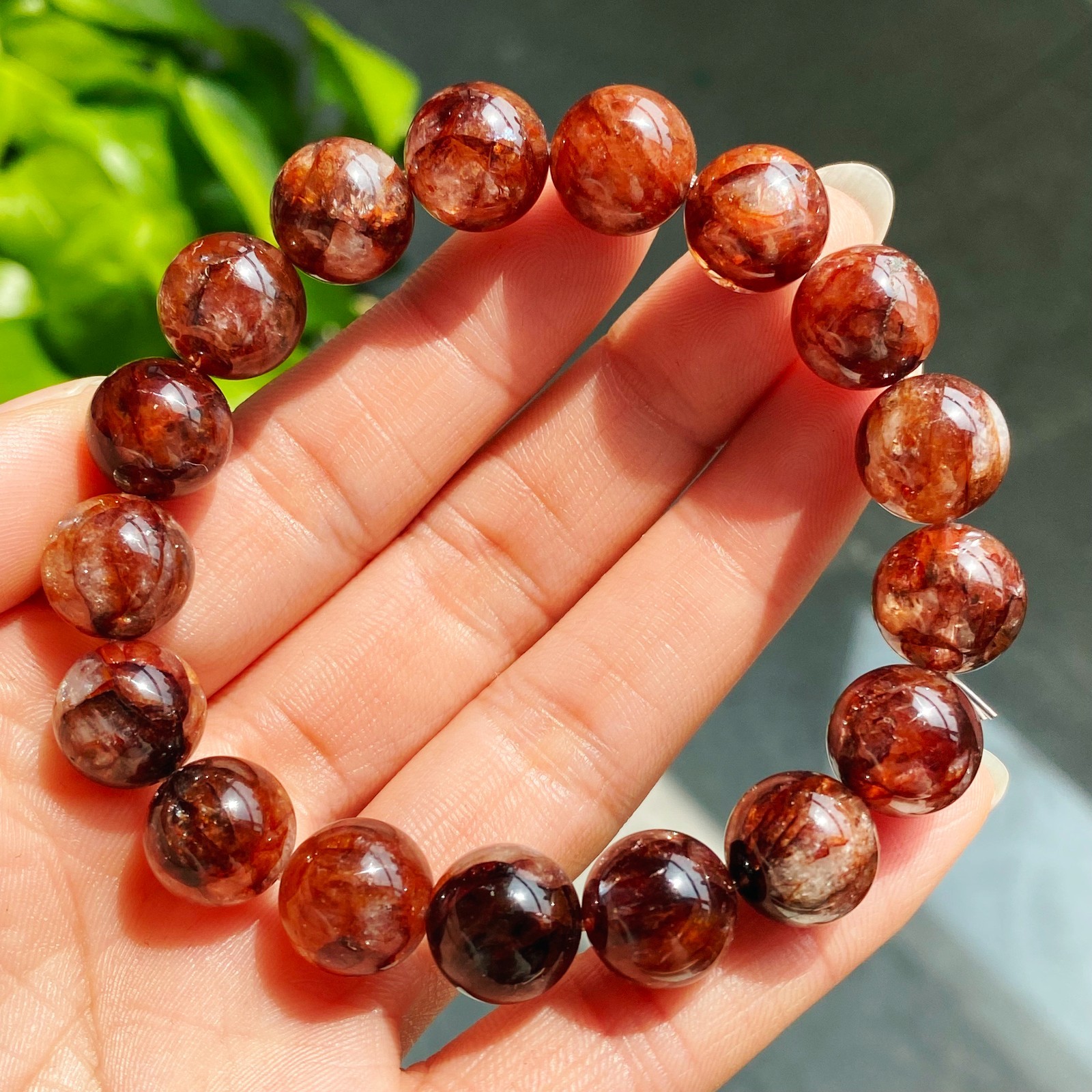 11.8mm Natural Red Multi-inclusions Phantom Quartz Crystal Beads Bracelet 2909