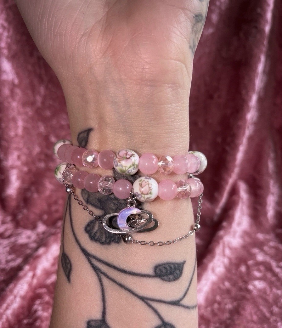 Pink Glass Round Beaded Charm Bracelet Stackable Moon charm Watch band 38/40/41m