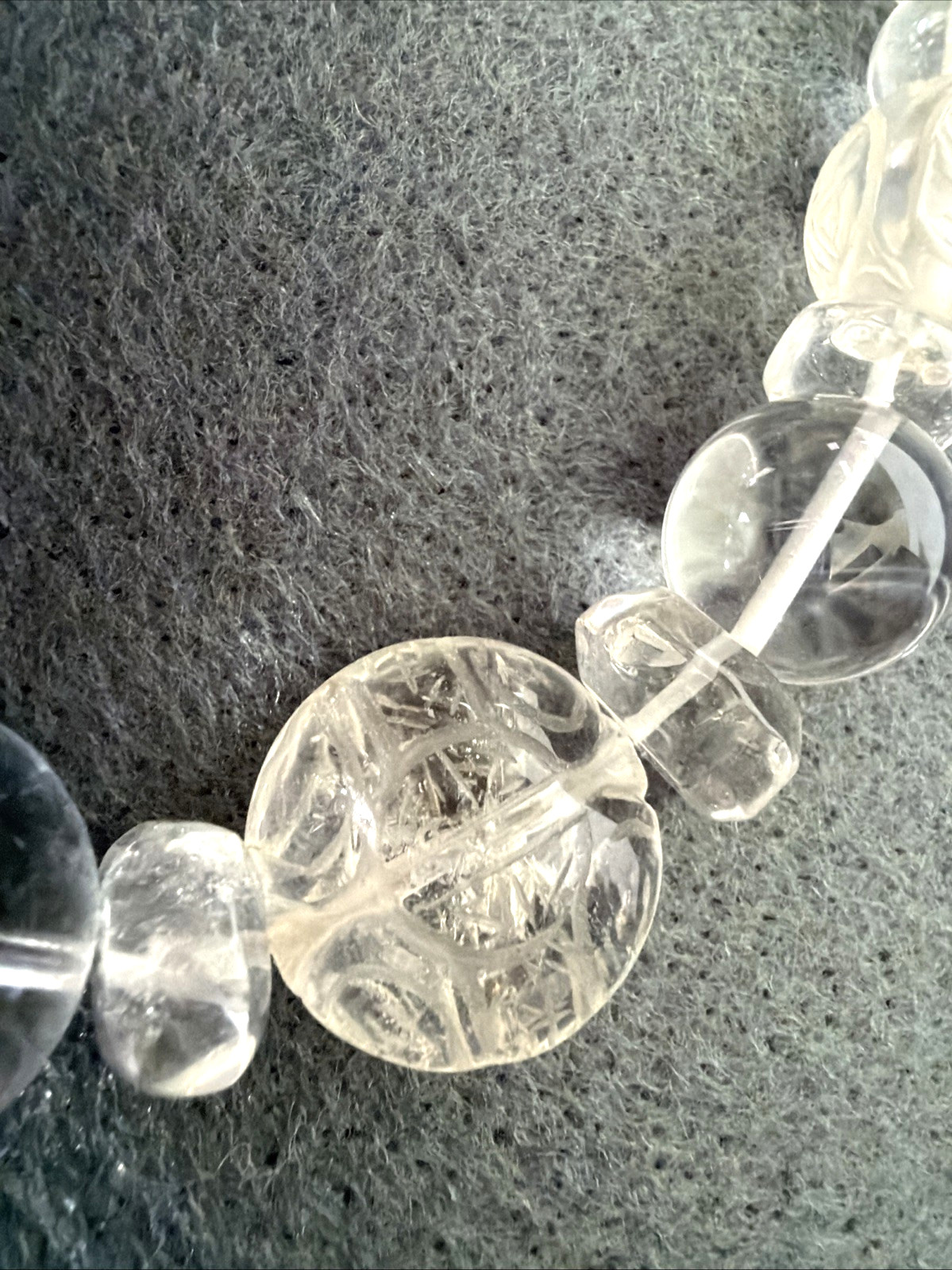 Handcrafted Necklace of Rock Crystal Quartz Beads with Chinese Long Life Symbols