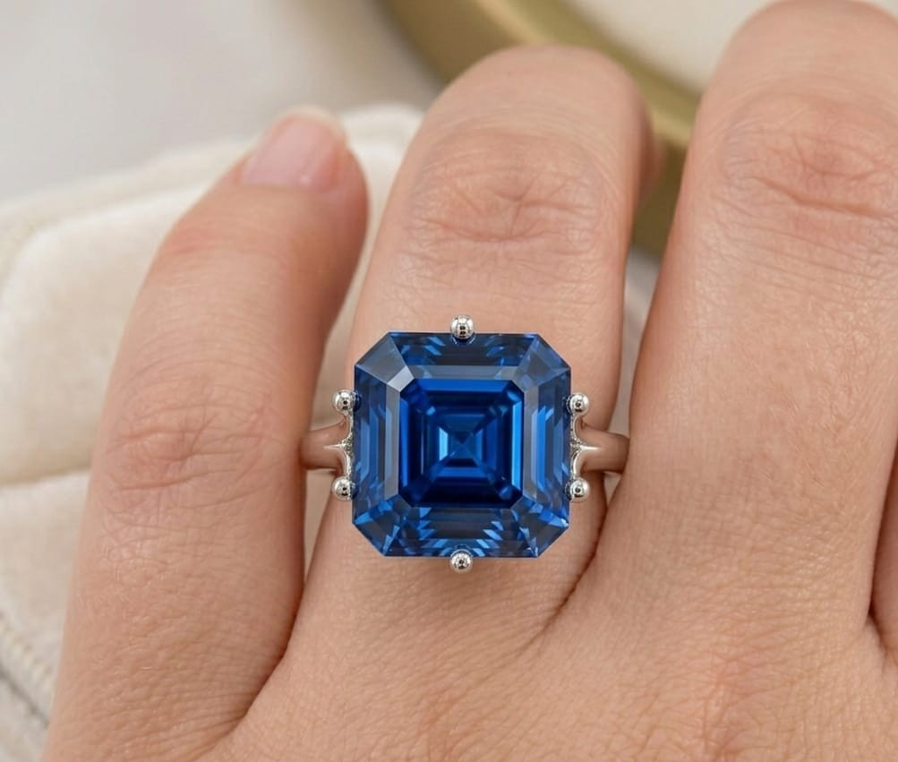 5.00 Ct Certified Asscher Shape Blue Natural Diamond Ring VVS1 White Gold Finish