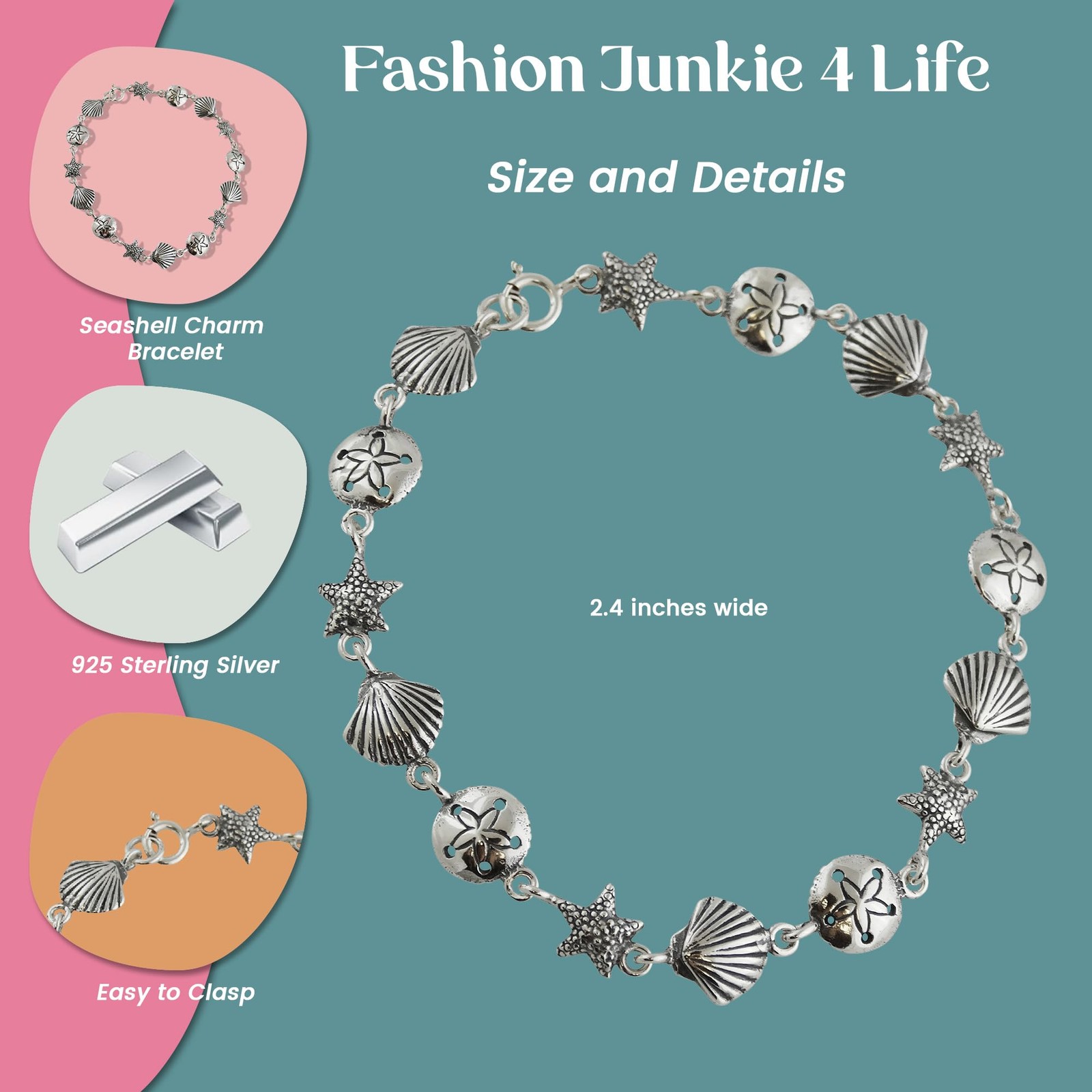 FashionJunkie4Life Sterling Silver Beach Bracelet, 7.5″ Length, Sand Dollar S…