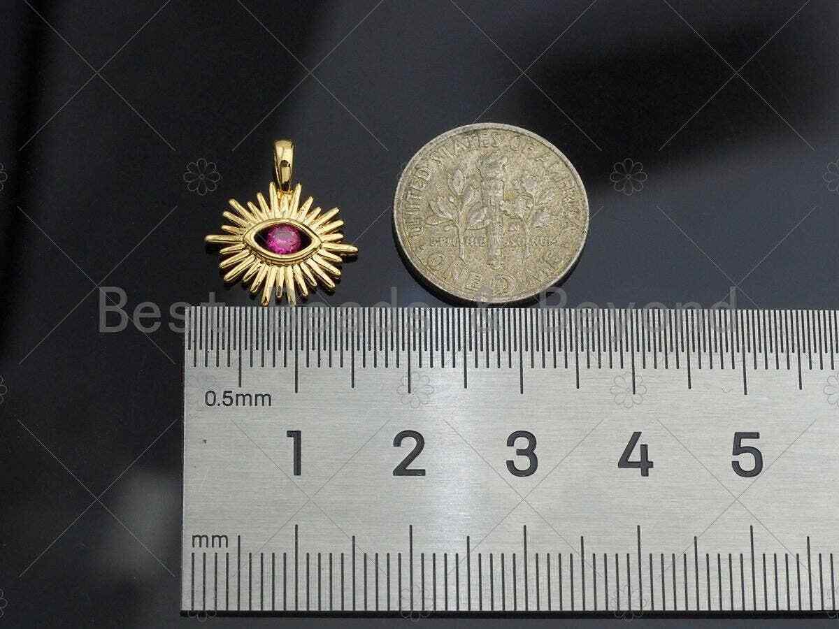 CZ Micro Pave Colorful Evil Eye On North Star Shape Pendant, Gold Plated