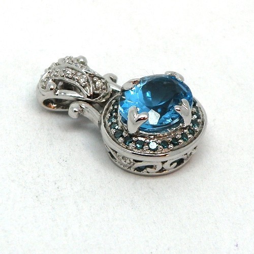 14k White Gold Blue Zircon & Diamond Pendant