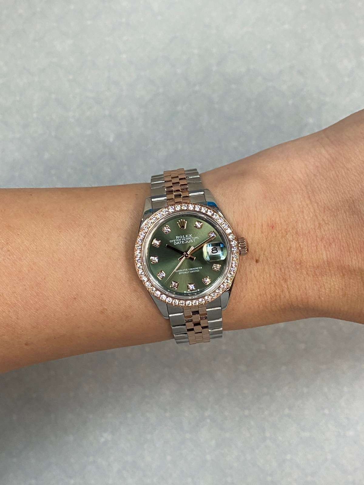 Rolex Datejust 28 Rose Gold/Steel Olive Green Diamond Watch +Card ’22 279381RBR