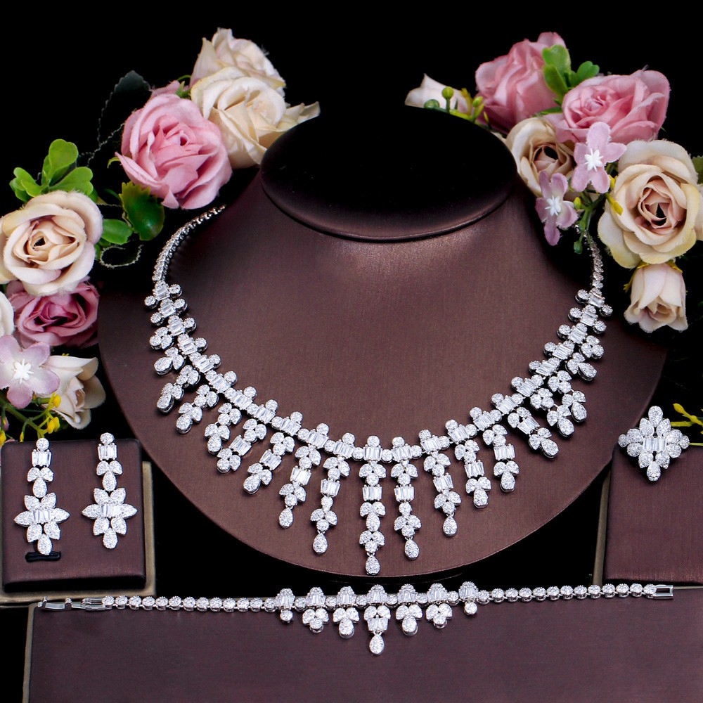 Silver Plated Long Leaf Drop Necklace Earring Bracelet Ring CZ Bride Jewelry Set