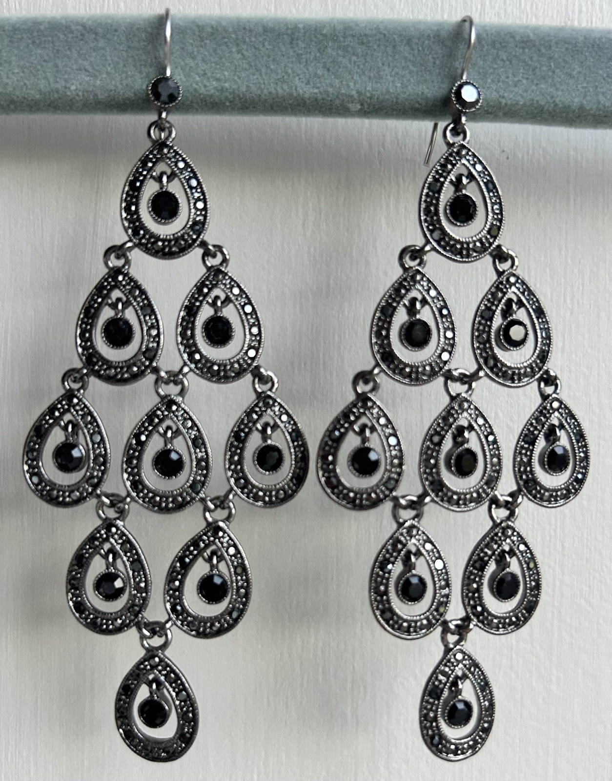 Rare Vintage Monet Black Onyx Marcasite Chandelier Earrings ASO Royal VGC