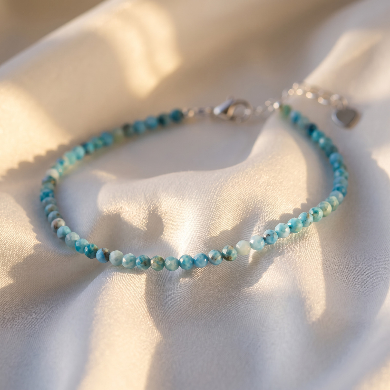 Dainty Natural Larimar Anklet 3mm Faceted Silver Beach Boho Foot Jewelry Gift