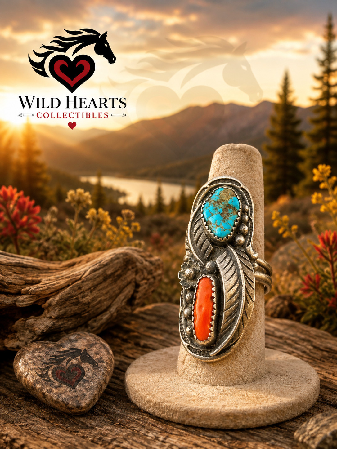 Vintage Navajo Turquoise Coral Sterling Silver Feather Ring Size 10.5 14.29g