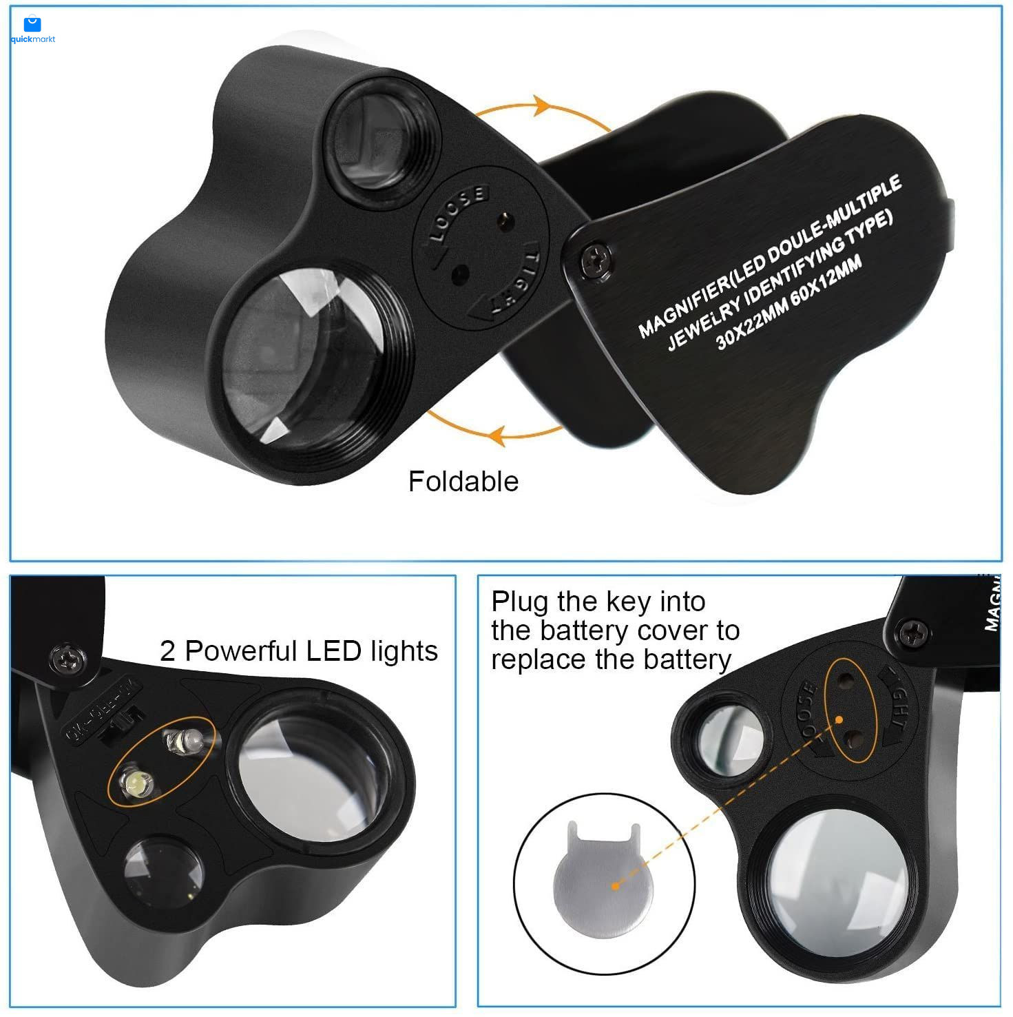 HMKIS Jewelers Loupe, 2 Pack Magnifying Glass with Light, 30X 60X 90X Black