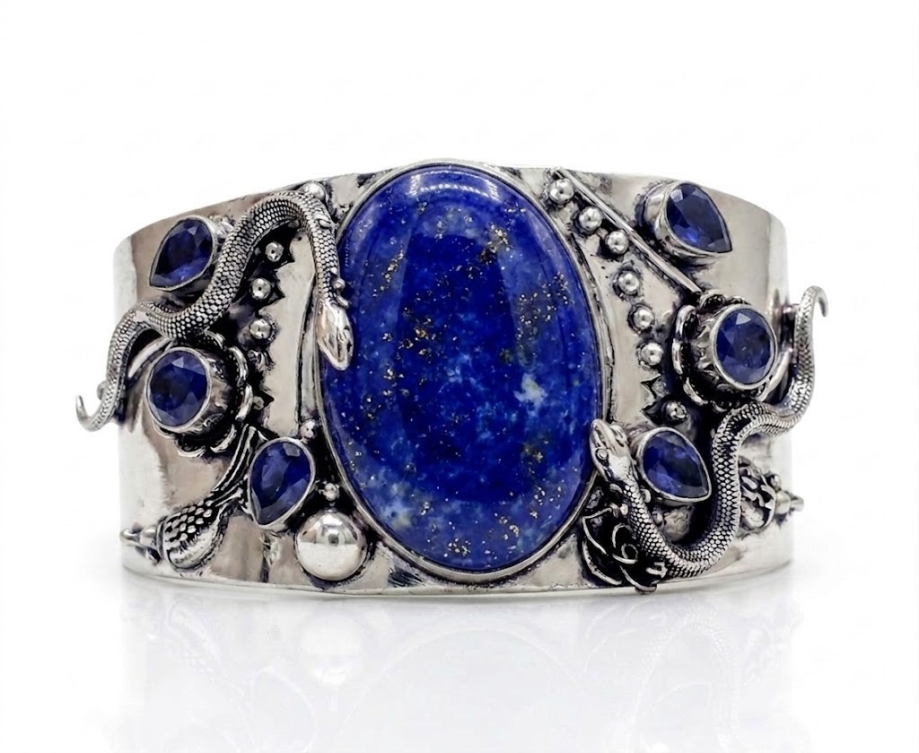 Natural Lapis Lazuli Artisan Cuff Bracelet 925 Sterling Silver ADJ Snake Jewelry