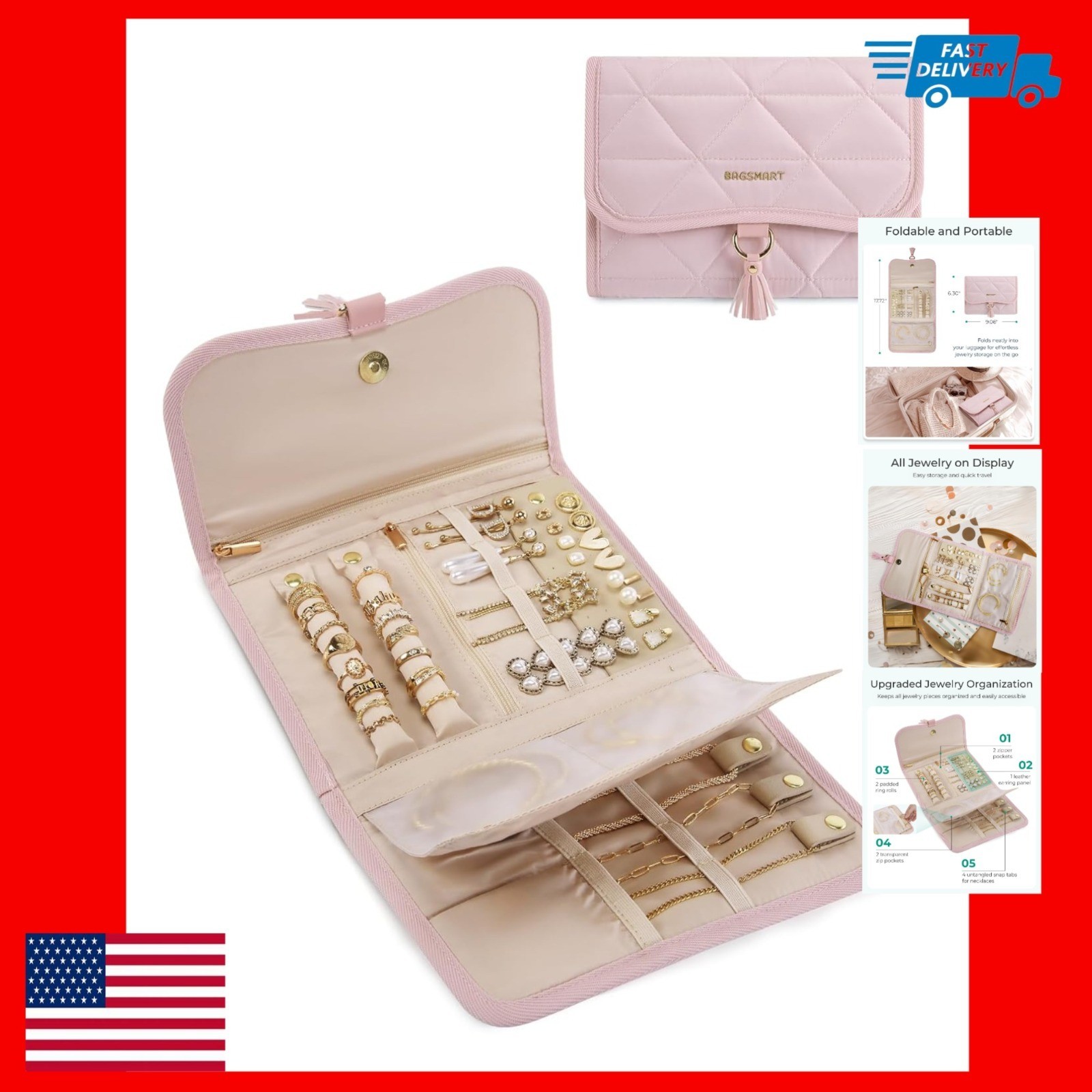 BAGSMART Travel Jewelry Case Organizer – Portable Pink Jewelry Roll