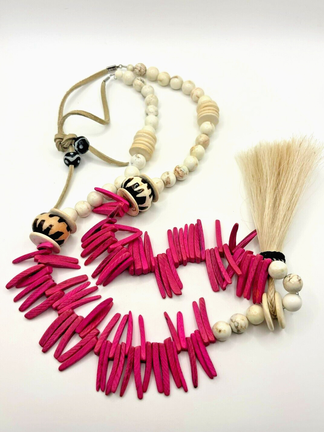 Pink Cocowood Chip Howlite Large Kenya Bone Beaded Horsehair Pendant Necklace