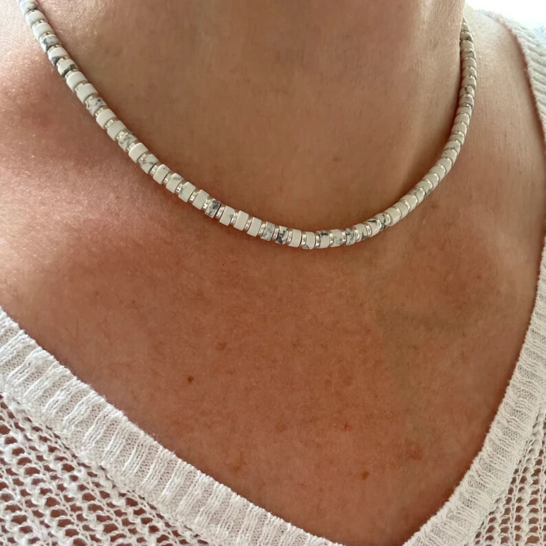 4mm White Buffalo Heishi Necklace, Women’s Men’s Unisex Beaded Gemstone Necklace