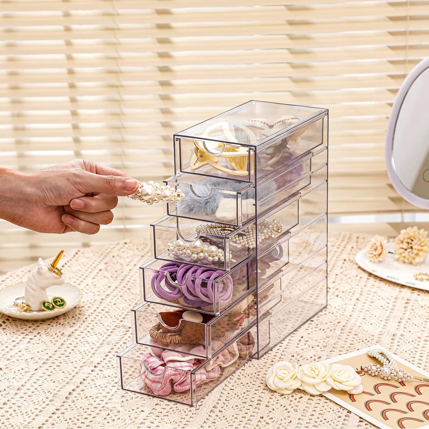 Clear 6-Drawer Hair Accessory Organizer Box – Compact Storage for Home & Office