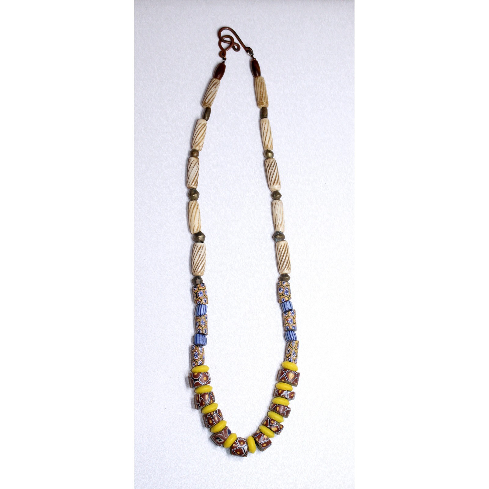 handcrafted Nigerian Trade Bead Necklace 26″ blue yellow brown glass copper