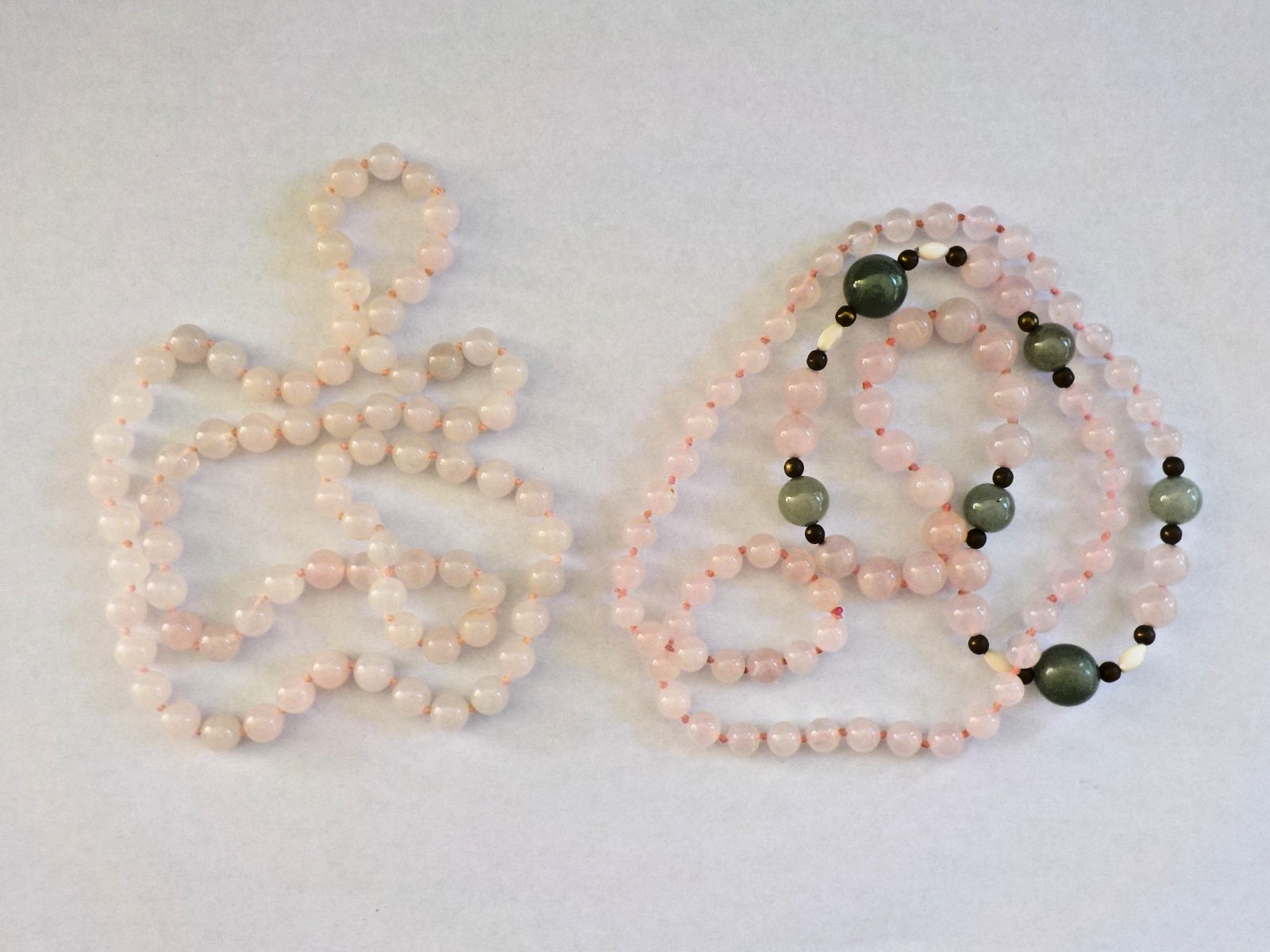 Light Pink Quartz & Green Stone (2) Single Strand Necklace Knotted Bead No Clasp