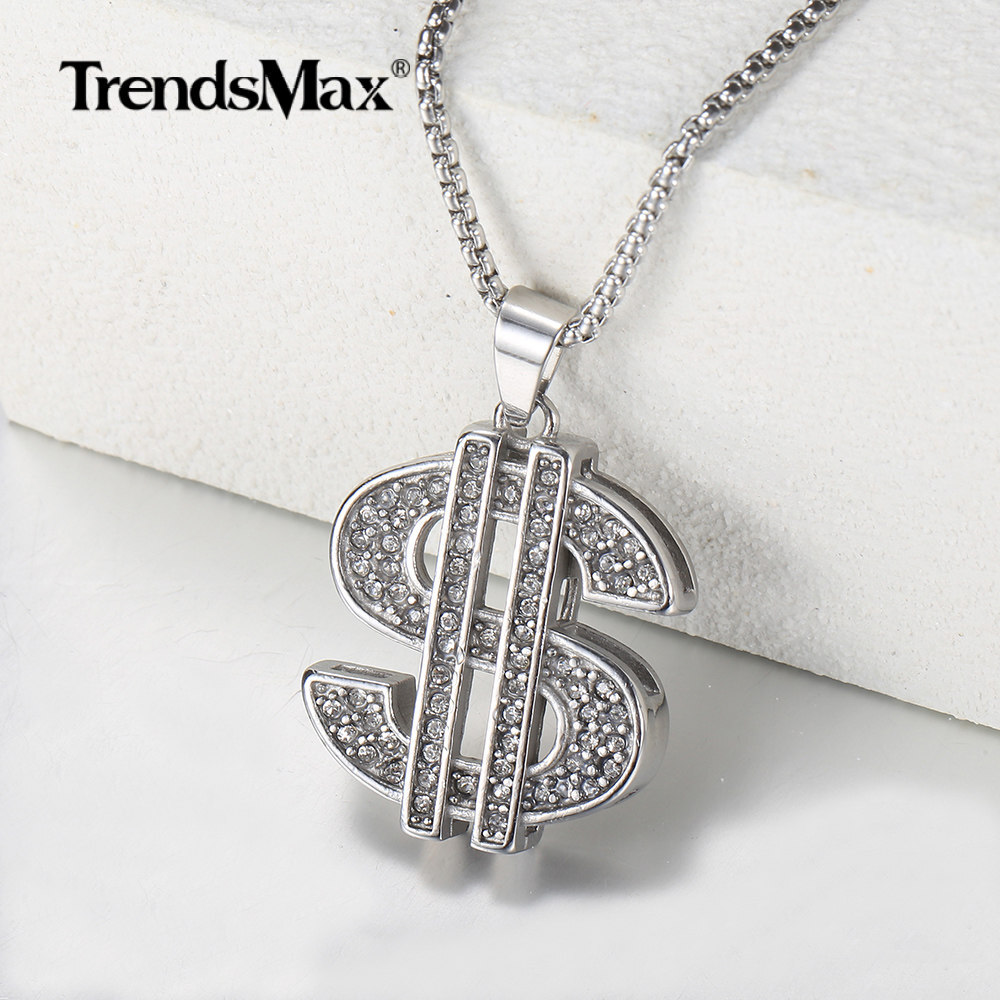 Silver Cubic Zircon CZ Dollar Sign Pendant Necklace Stainless Steel Chain 18-24″