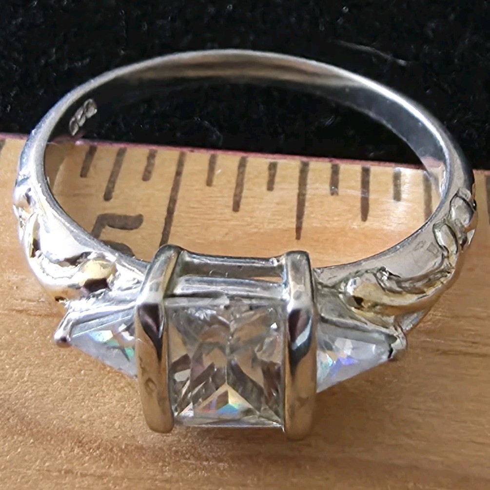 925 Sterling Silver 3-Stone Clear Cubic Zirconia Square Ring Size 9