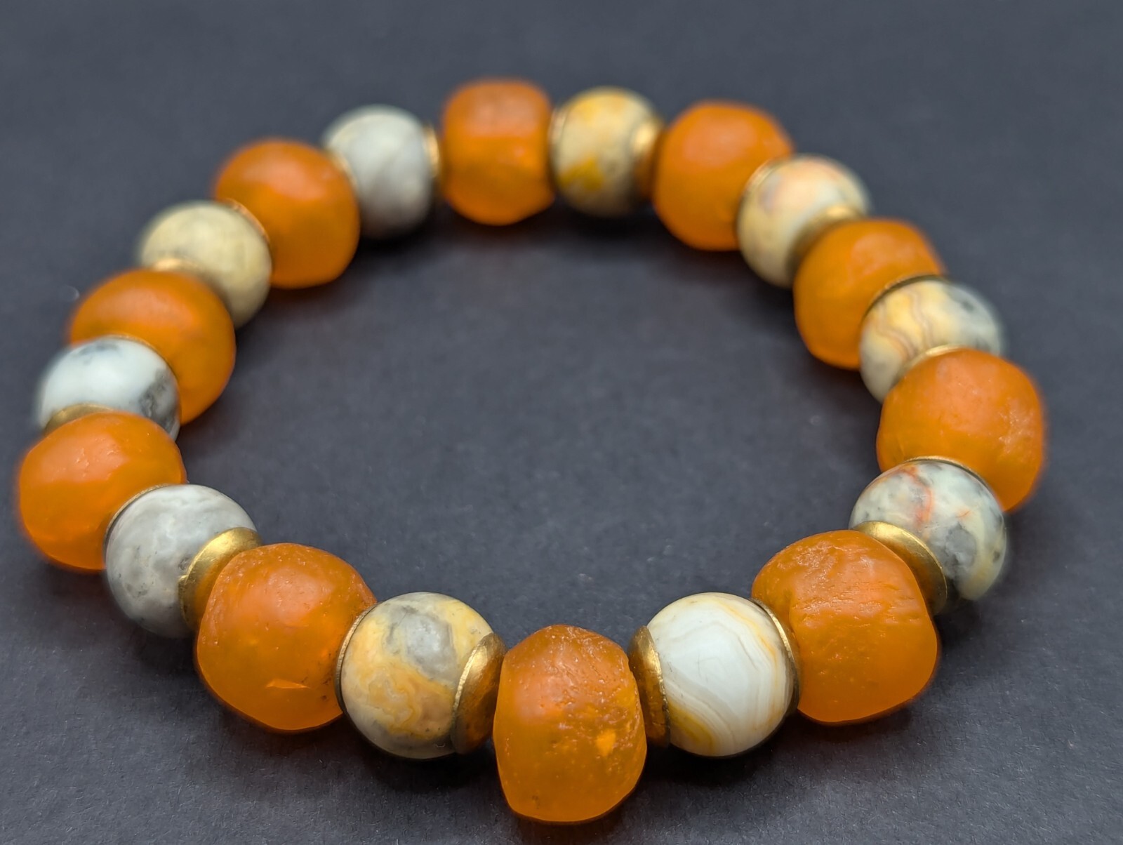 Chunky Orange glass, natural stone beaded stretch Bracelet (16cm) small wrist