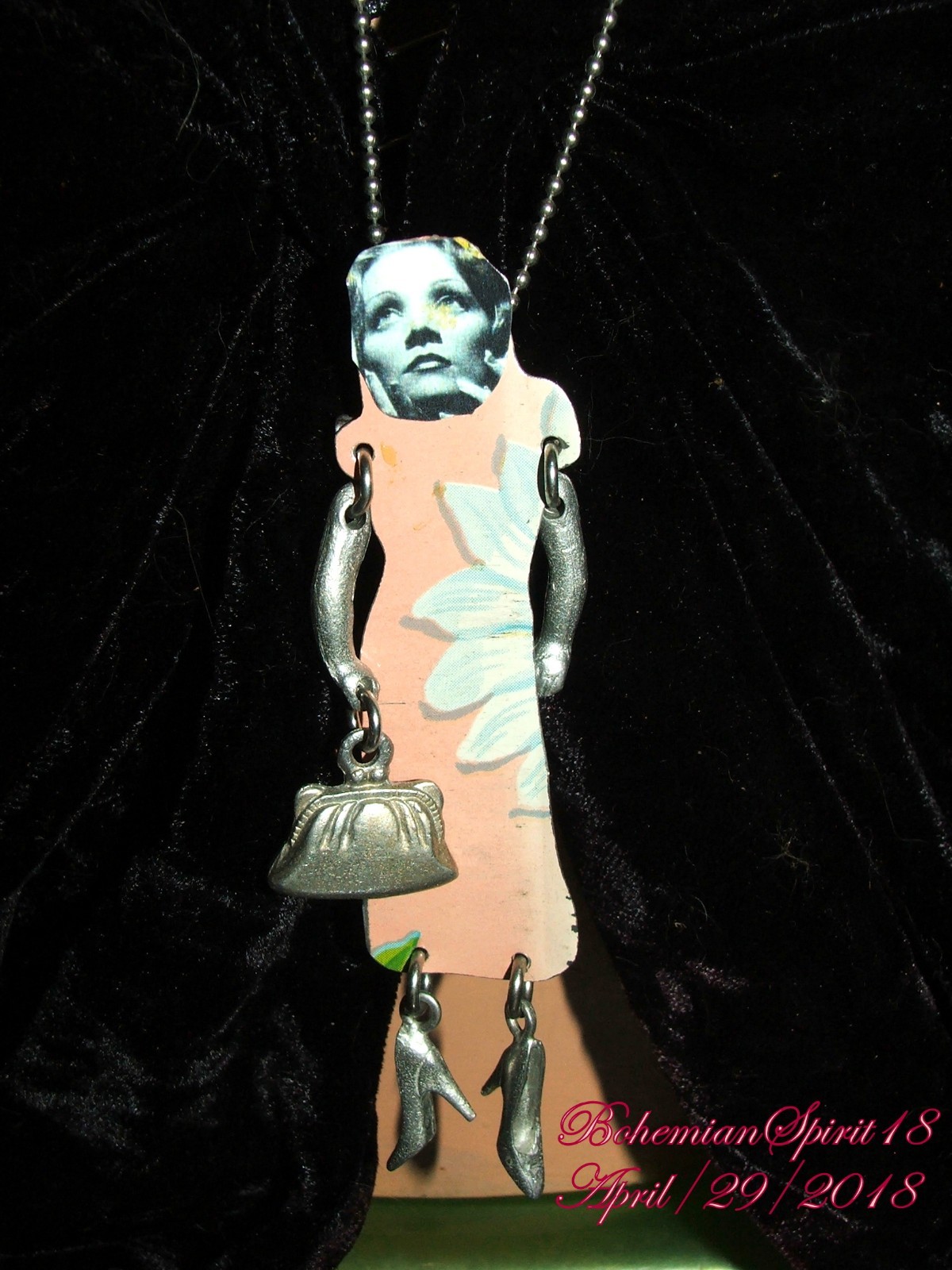 VINTAGE MARLENE DIETRICH CUT OUT METAL MOVEABLE PENDENT ARTISAN PIN/NECKLACE