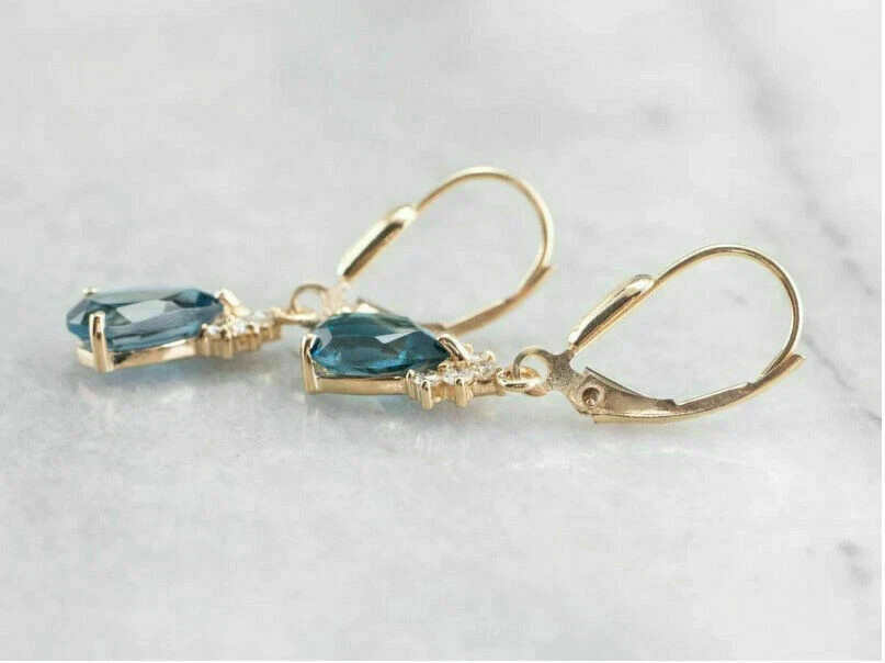 14K Yellow Gold Plated 3Ct Pear Simulated London Blue Topaz Drop-Dangle Earrings