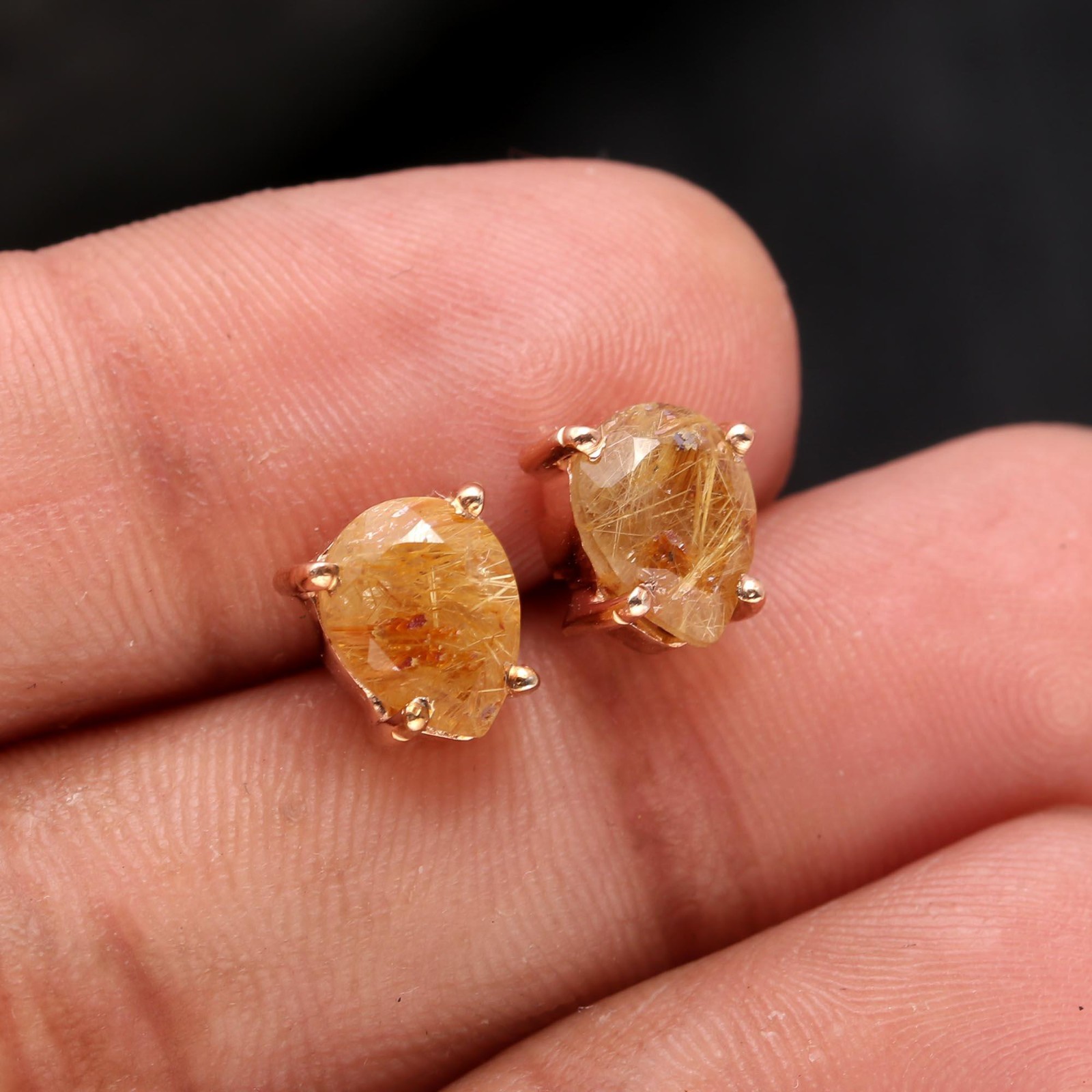 Natural Golden Rutile Pear Stud Earrings Rose Gold Filled Solid Silver Jewelry