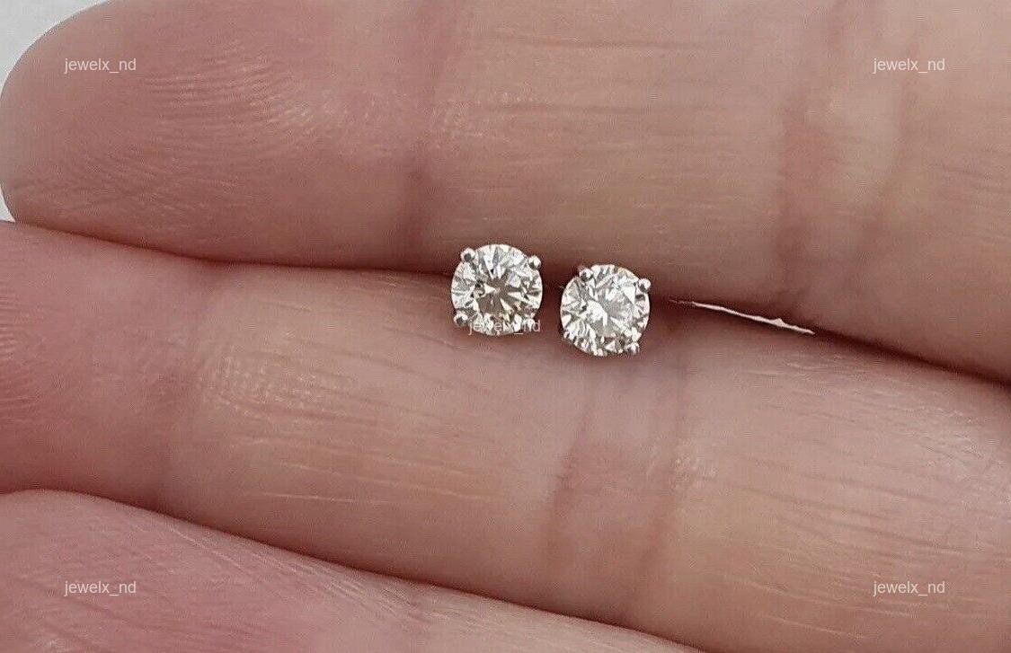 14K Solid White Gold Natural Diamond Stud Post Independent Lady Earrings Jewelry