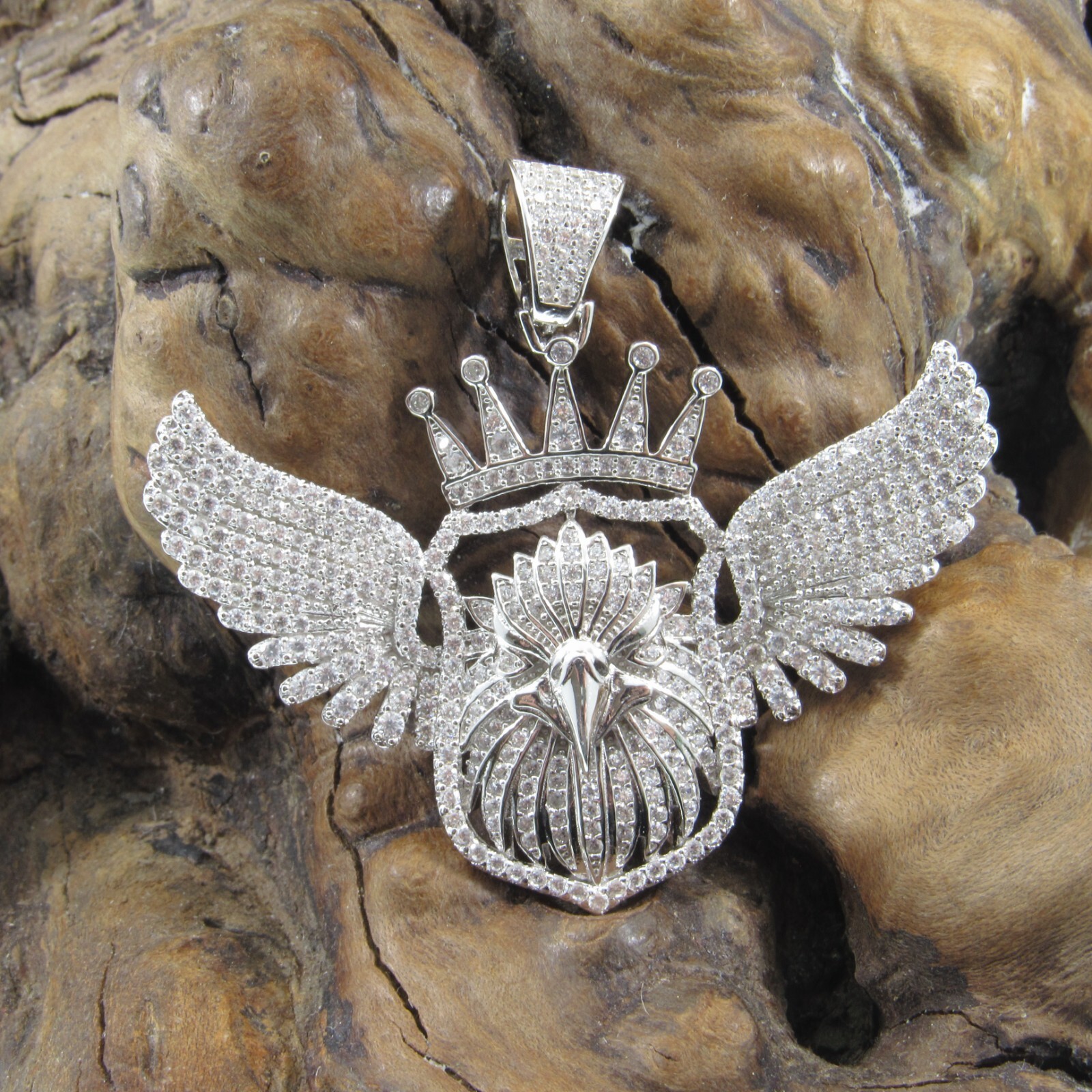 Solid 925 Sterling Silver Iced Out Rhodium Plated Crowned Eagle Pendant w/CZs