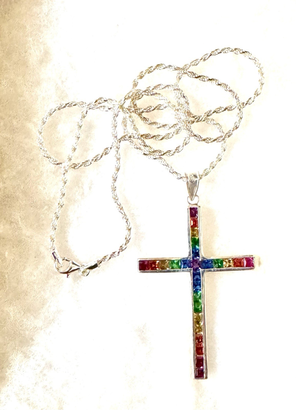 Rainbow Cross Solid 925 Silver Semi Precious Stones Custom Piece Large
