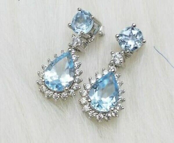 4.50Ct Pear Cut Aquamarine Gorgeous Drop & Dangle Earrings 14K White Gold Finish