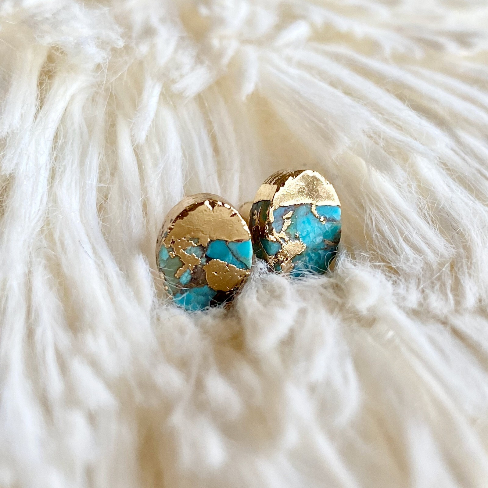 Natural Blue Turquoise Stud Earrings Gold Plated Gemstone Handmade Earrings Gift