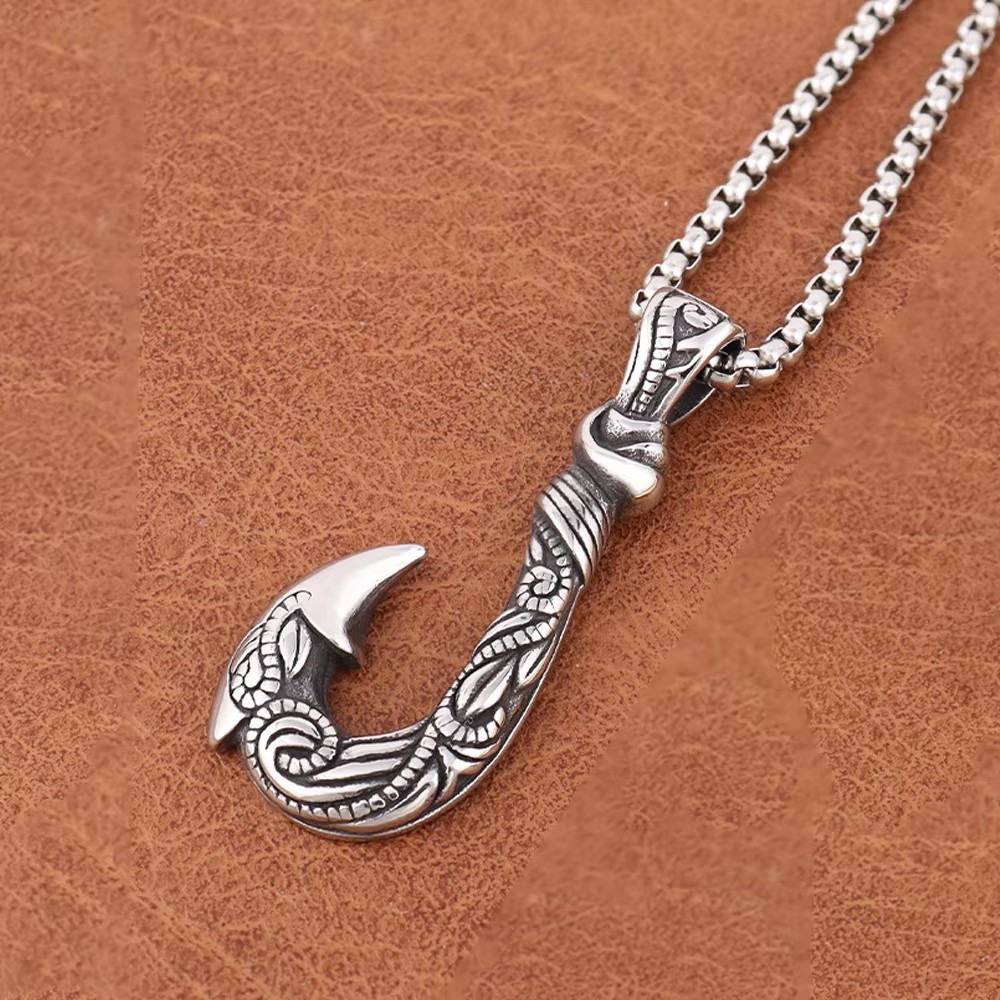 MENDEL Mens Hawaiian Fishing Fish Hook Pendant Necklace Stainless Steel Jewelry