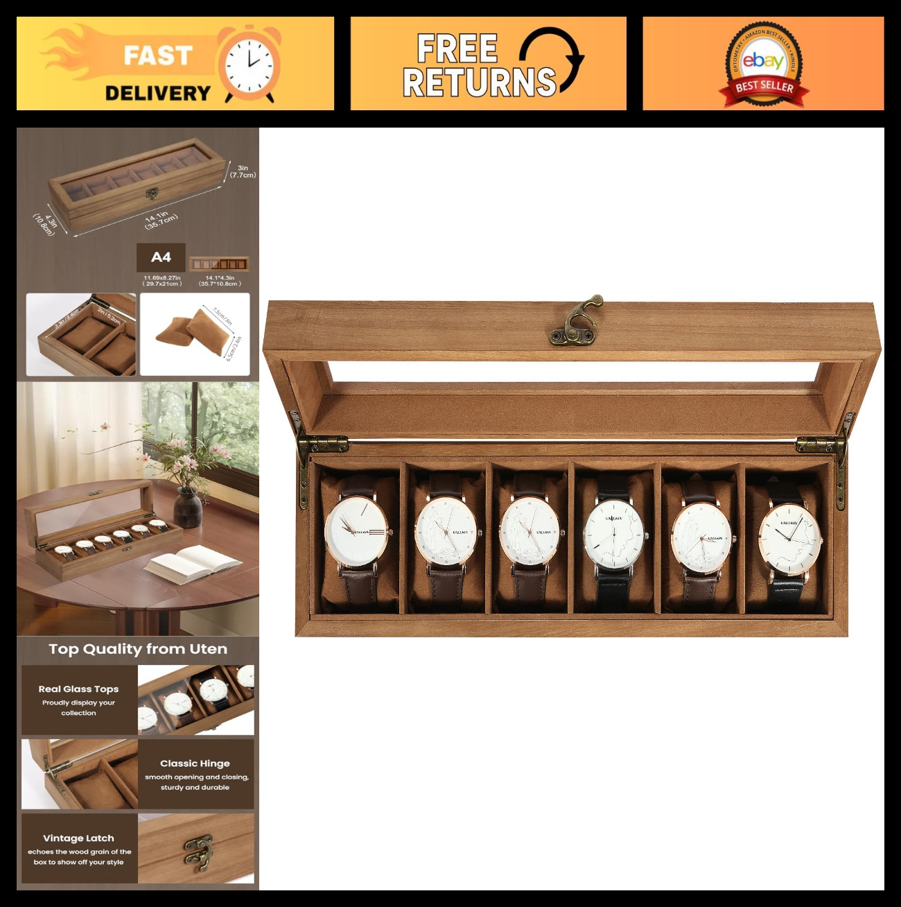 6 Slot Solid Wood Watch Box Display Case with Glass Lid & Soft Pillows – Jewelry