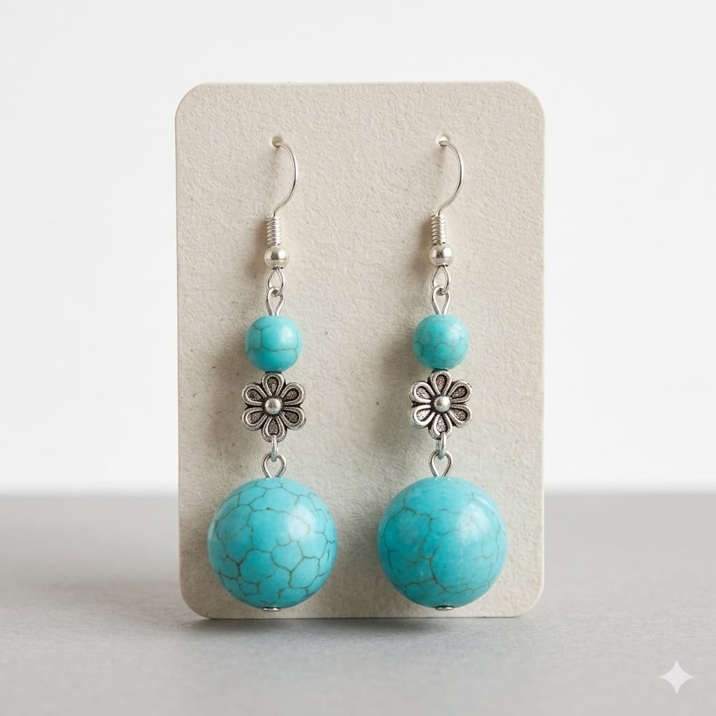Women’s turquoise ball shaped earrings stainless steel hook synthetic stone Boho