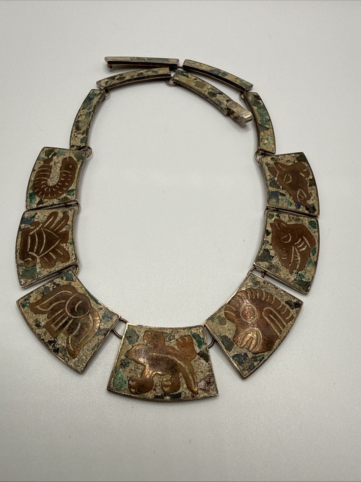 VTG HECHO EN MEXICO 925 STERLING MIXED STONES AZTEC NECKLACE.56.8 GRAMS.SIGN DH?