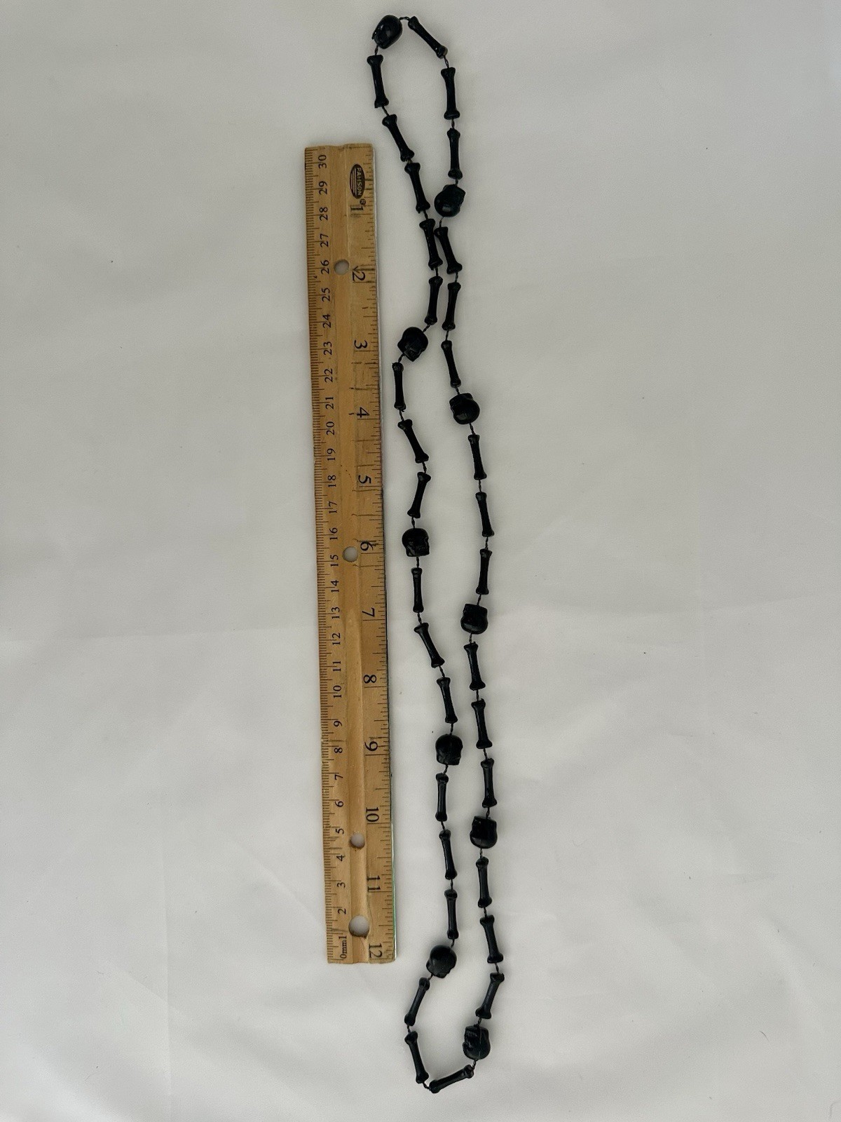 Vintage Black Skull & Bone Bead Necklace Gothic Halloween Plastic Resin 34”