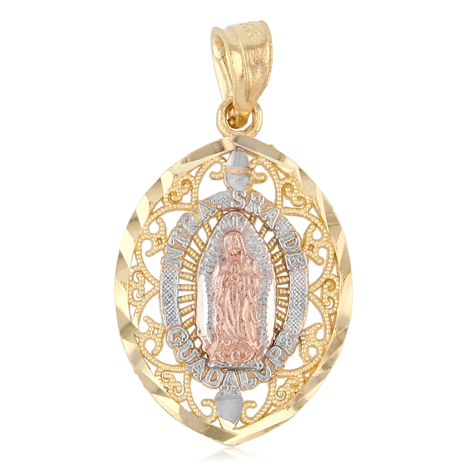 14K 3 Color Gold Our Lady of Guadalupe Pendant & 1.2mm Singapore Chain Necklace