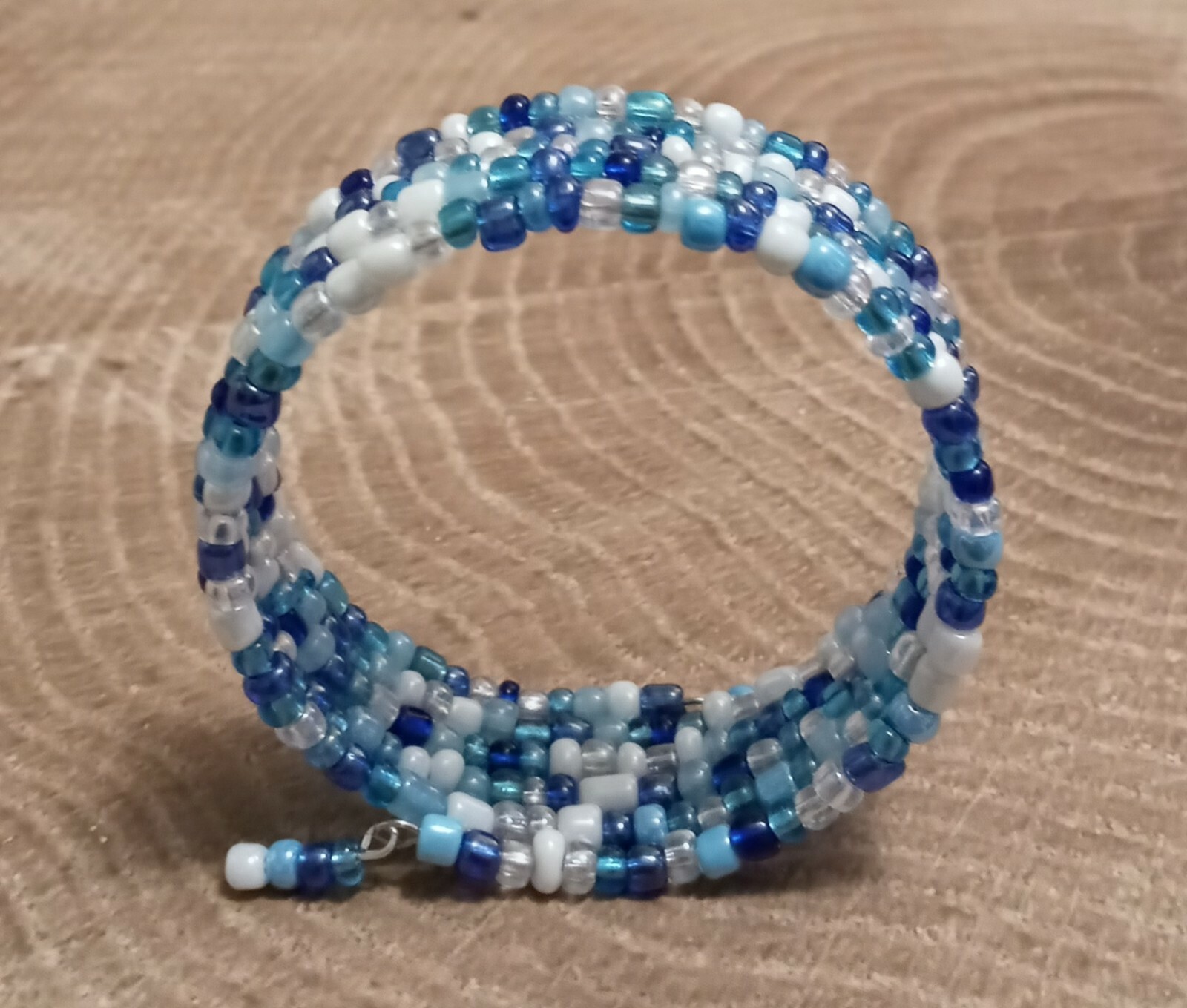 Mix of Blues White & Crystal Beaded Wrap / Coil Bracelet USA Made – Glass Beads