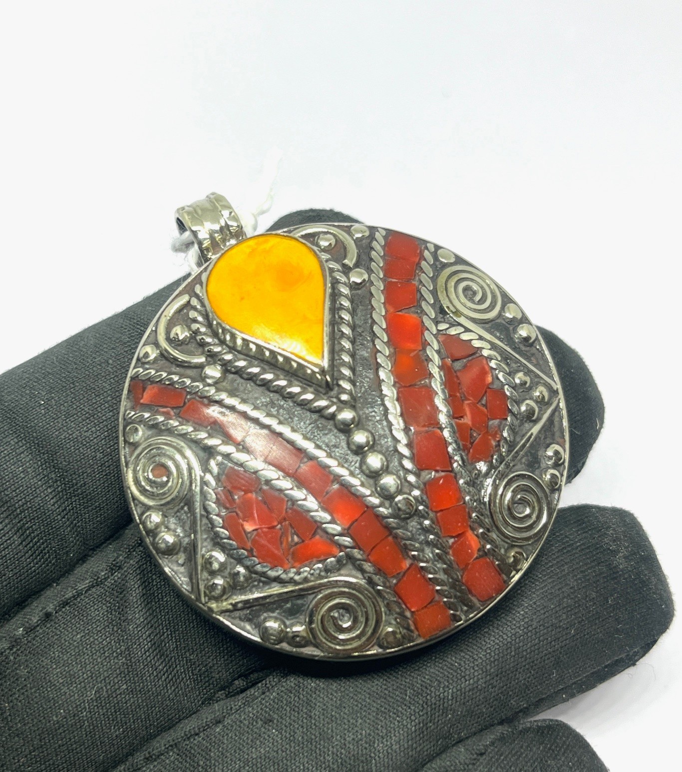 Antique Red Coral Amber Gemstone Tibetan Statement Pendant Jewelry, 2.0 inch