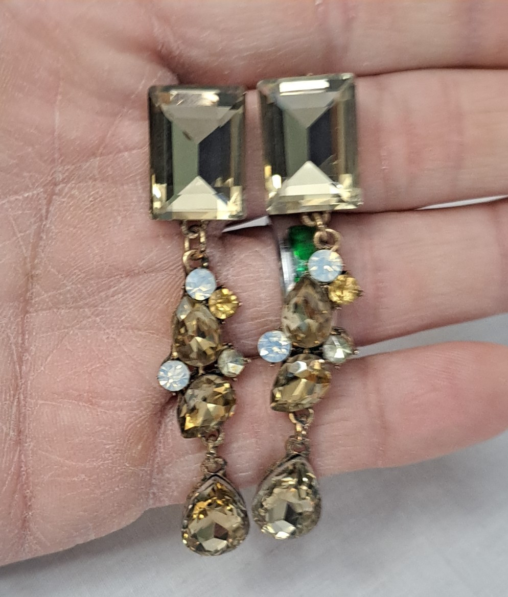 Jim Ball Crystal Gem Rectangle Pear Dangle Drop Earrings Champagne Prom Night