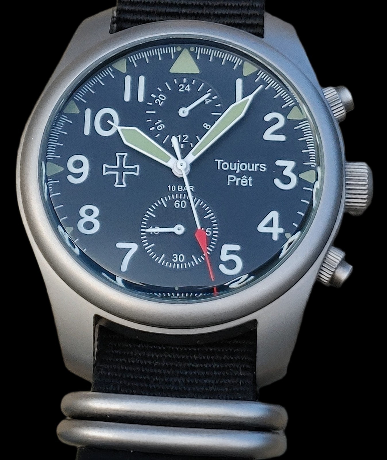 Toujours Pret GMT military field watch. Blasted stainless steel – domed crystal