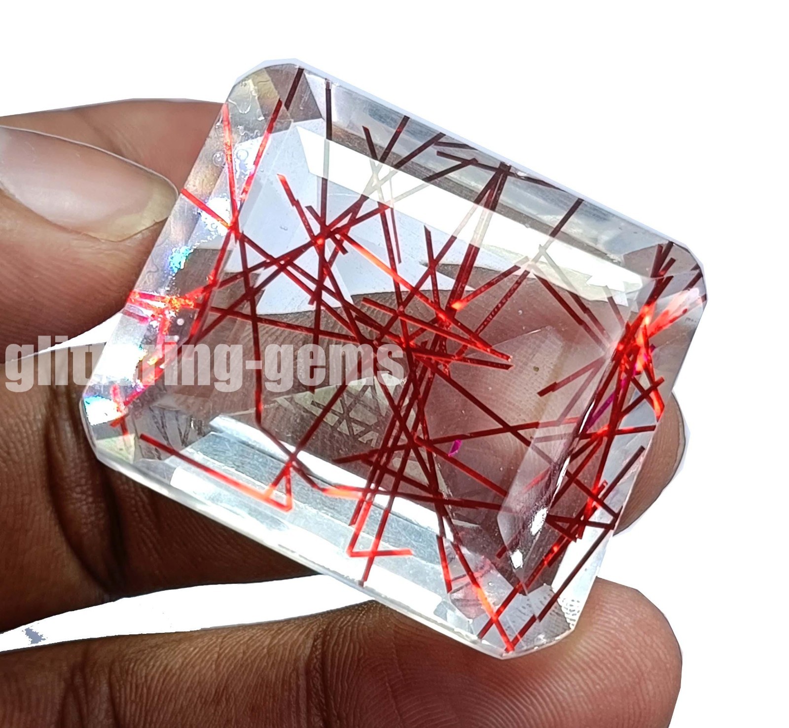Natural Red Rutilated Quartz 120Ct Emerald Cut Loose Gemstone IGL Certified 5DNB
