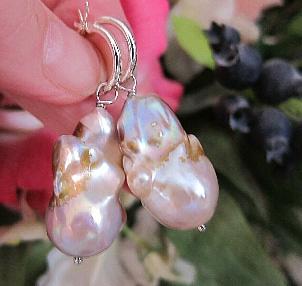 Huge Purple South Sea Keshi Reborn Pearl Drop Earrings on Silver Hoop 25 29mm.