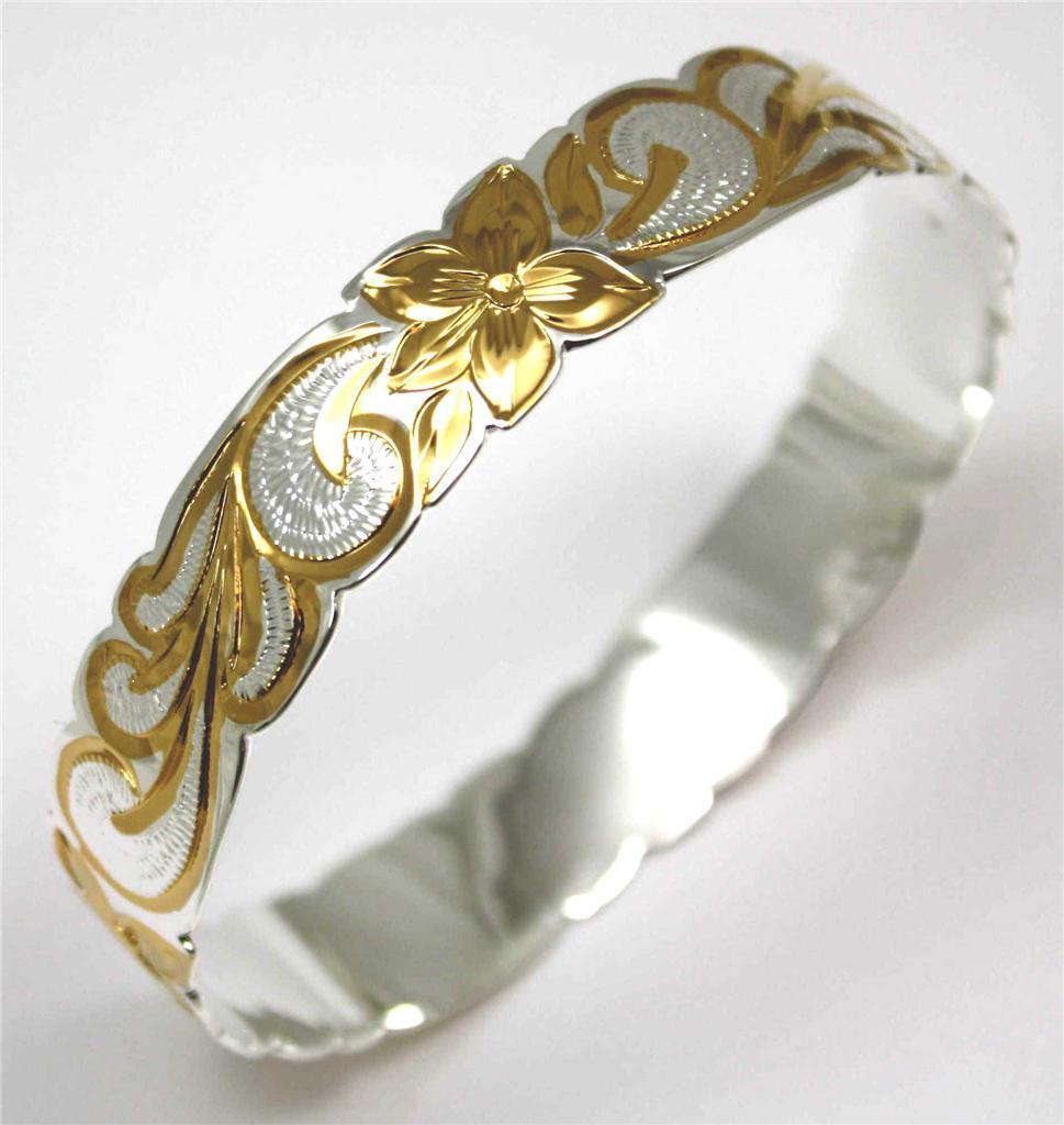 SILVER 925 HAWAIIAN BANGLE BRACELET PLUMERIA FLOWER SCROLL CUT OUT EDGE 12MM 2T