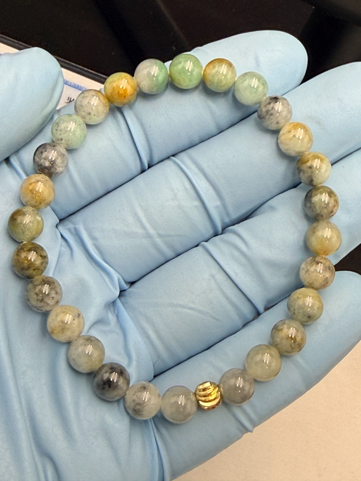 Certified Natural Grade A Jadeite Jade Beaded Bracelet Green Yellow 7.5mm 100145