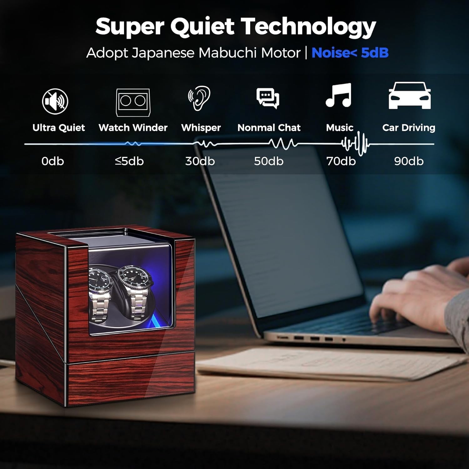 Double Watch Winder with Soft Pillows & 5 Rotation Modes, USB & Battery