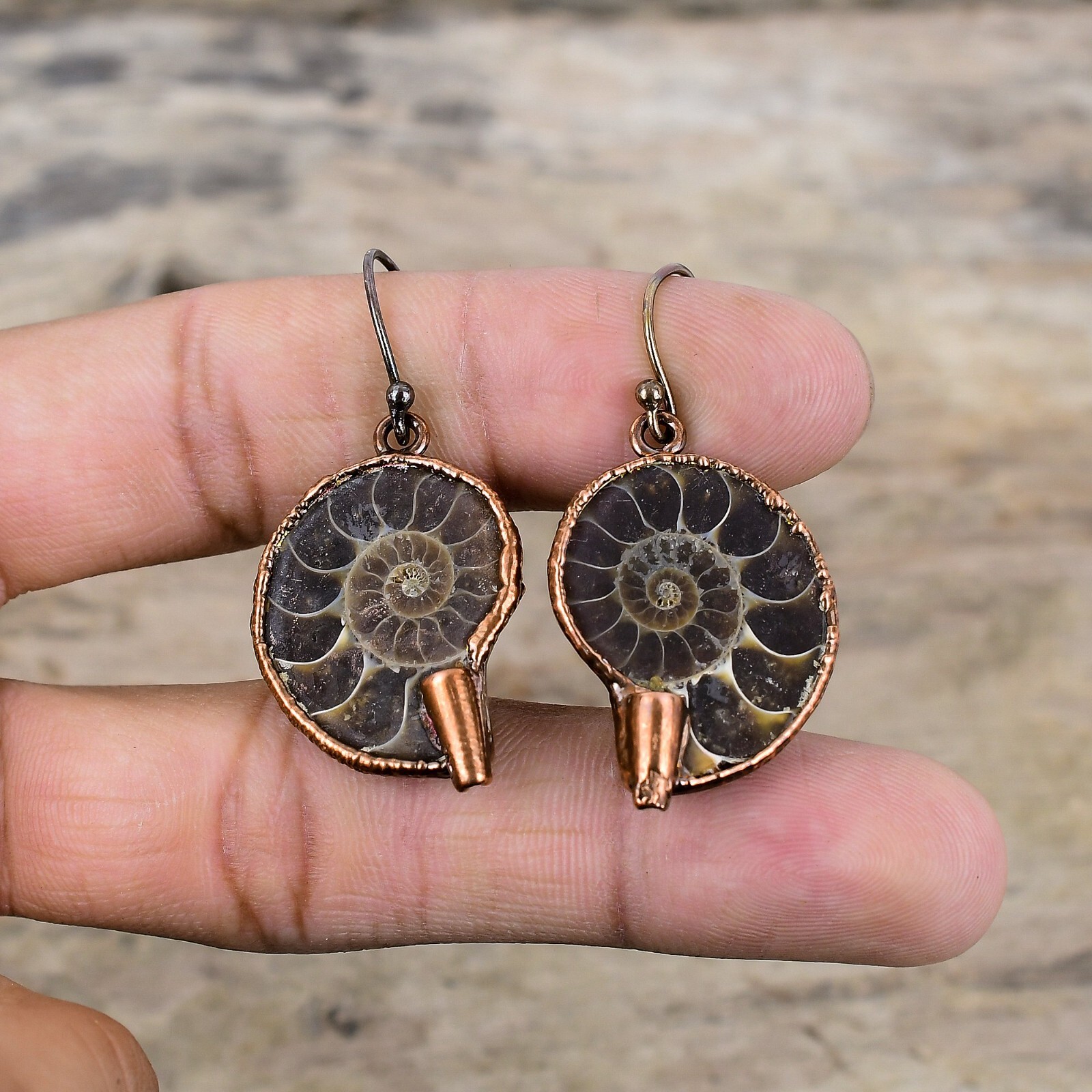 Gift For Her Copper Ammonite Fossil Electroformed Drop/Dangle Earrings 1.77″