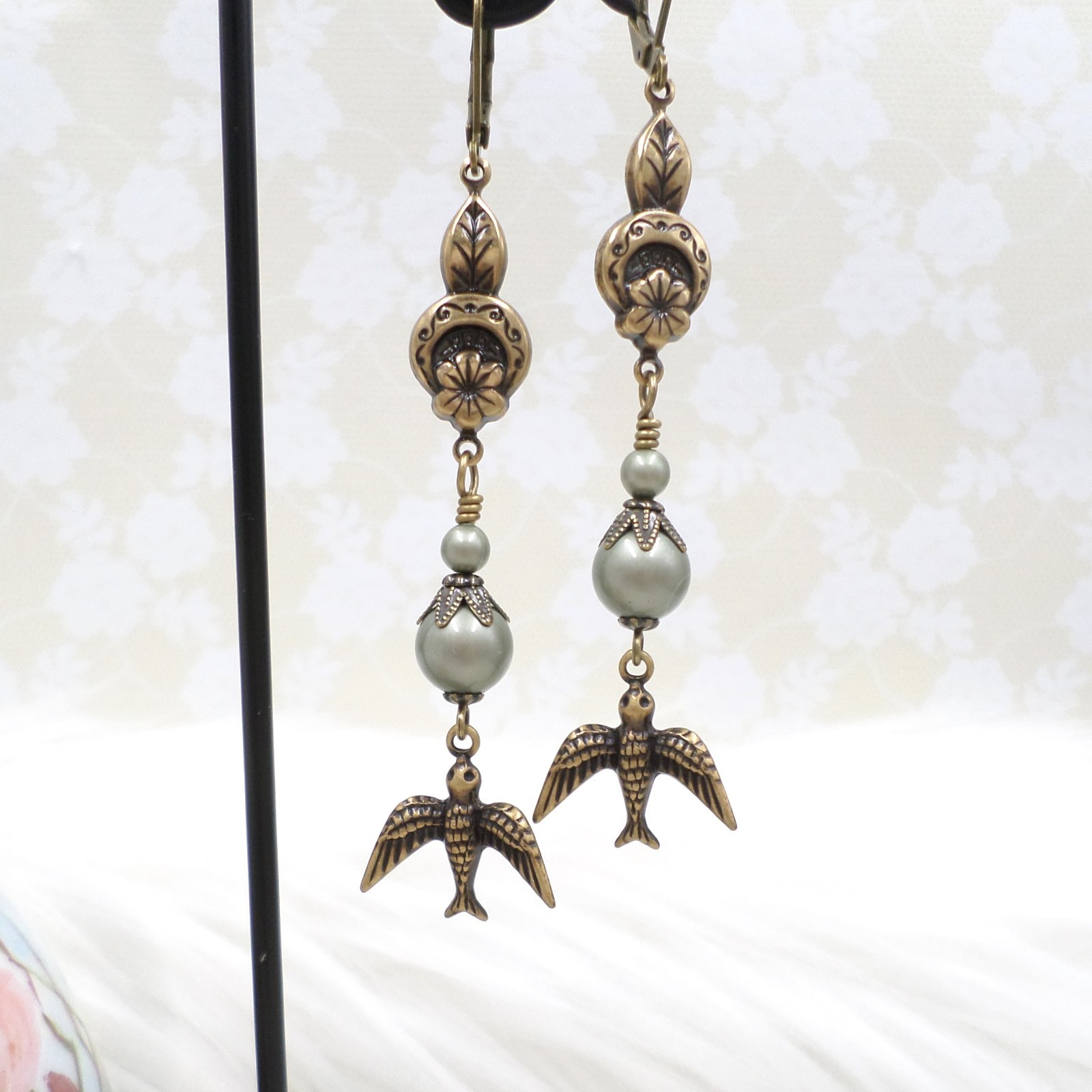 Brass Bird Earrings: Sage Green Pearl Floral Cottagecore Handmade Dangle Jewelry
