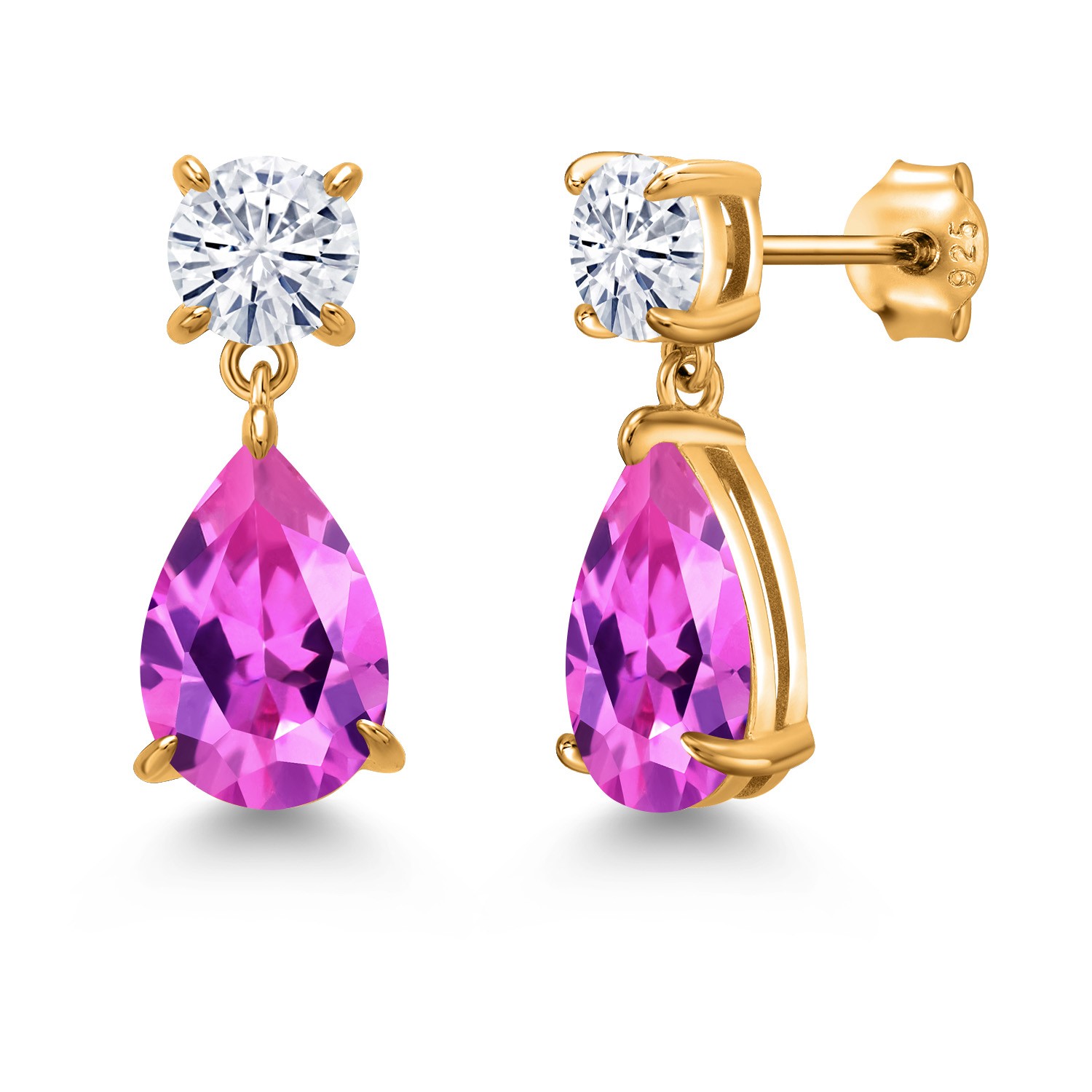 18K Yellow Gold Plated Silver Pink Created Sapphire and White Moissanite